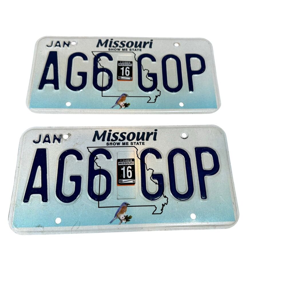 Missouri License Plate 2016 - "AG6-GOP" January Show Me State Pair of 2 Politics